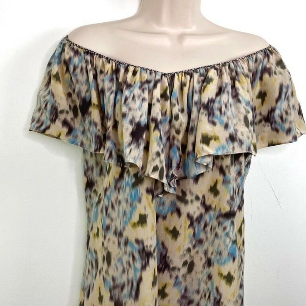 Rebecca Taylor 8 Sheath off the shoulder dress gray, blue,cream abstract print B
